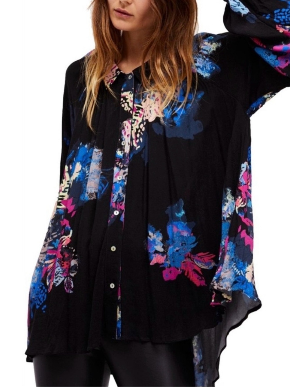 Free People Black Button-Down Shirt with Blue and Pink Floral Print